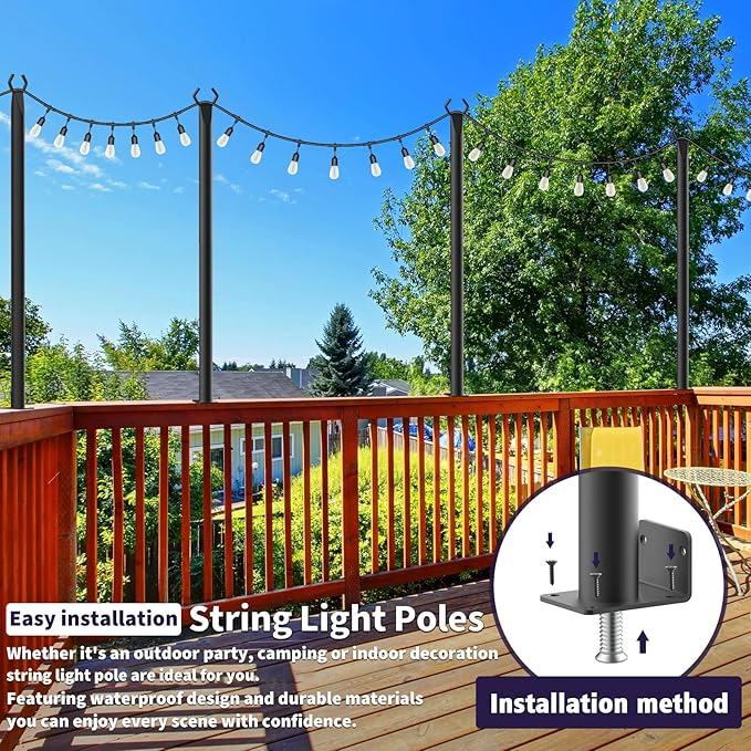 AILBTON 8 Pack 5Ft String Light Poles,Light Poles for Outside String Lights,Outdoor Light Poles with Fence Bracket,Metal Pole Stand for Patio,Backyard,Deck