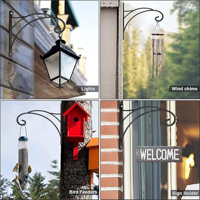 Hanging Plant Brackets, Pack of 4 Iron Hanging Basket Bracket Durable Weather-Resistant Outdoor Plant Hooks for Hanging Plant Lantern Windchime Birdhouse Metal Sign Fruit Bracket, Screw Included