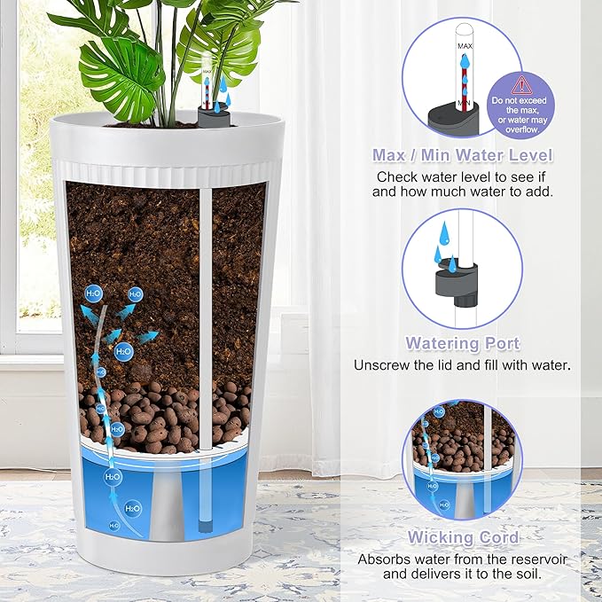 24in Tall Self-Watering Planters Set of 2 - White Flower Pots with Water Level Monitor, Non-Toxic Plastic Planters for Indoor Outdoor Patio, Porch, Living Room, Home Office