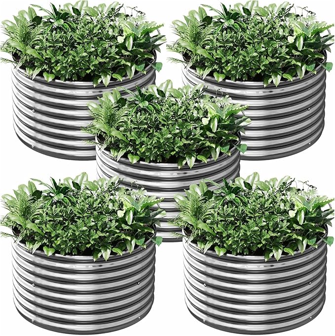 5 Pack Round Galvanized Raised Garden Bed Outdoor, Metal Garden Bed for Vegetables, Above Ground Garden Box for Flower, Steel Raised Beds for Gardening - 3FT