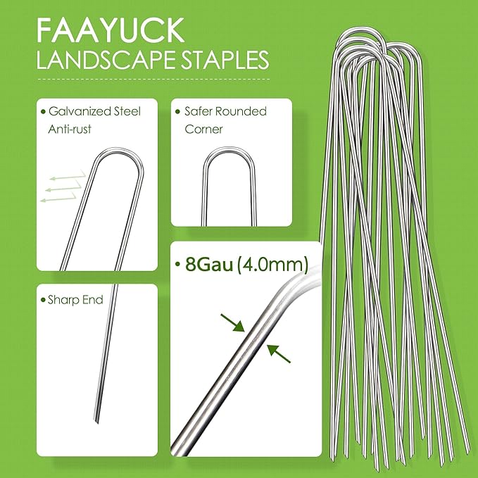 FAAYUCK 12 Inch Landscape Staples, 12/25/50/100 Pack Galvanized Garden Stakes, Heavy Duty 8 Gauge U-Shaped Ground Stakes for Weed Barrier Fabric, Irrigation Tubing, Fence, Outdoor Decorations