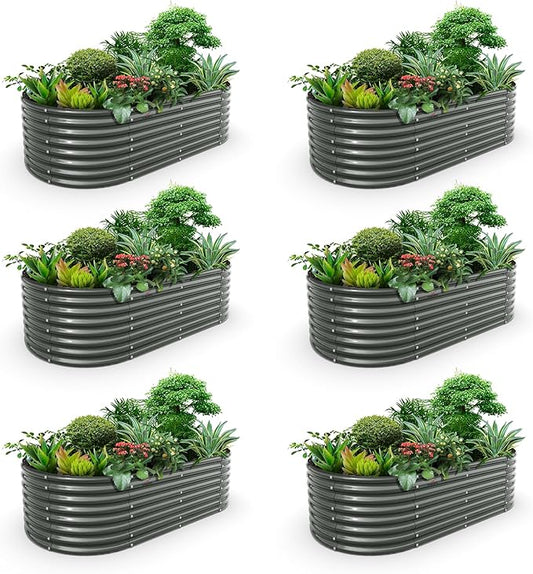 A ANLEOLIFE 6-Set 8X4X2 ft Galvanized Raised Garden Bed Kit, Oval Metal Deep Root Planters for Outdoor Plants, Quartz Grey