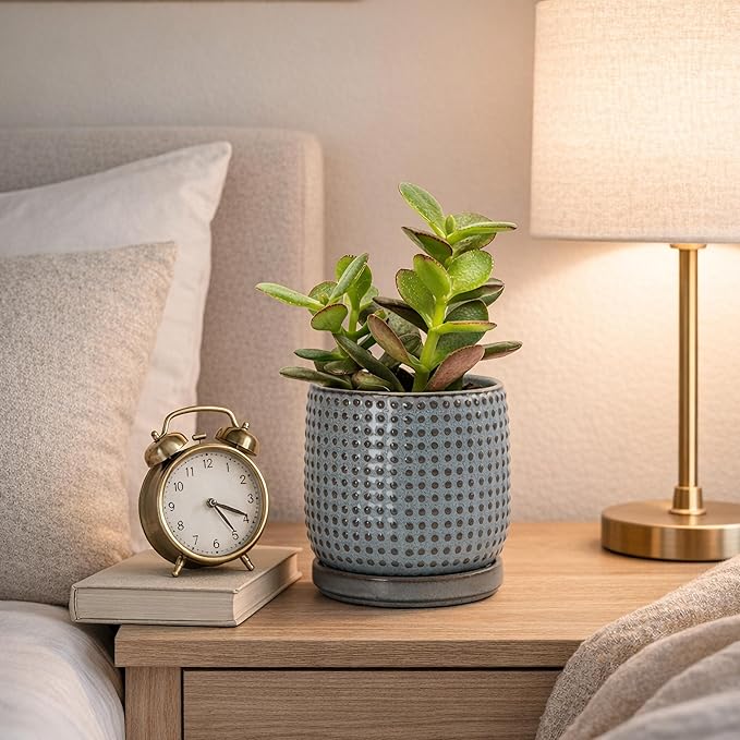 D'vine Dev 4 Inch Ceramic Beaded Stoneware Planter Pot - Flower Pot with Drainage Holes and Saucers for Indoor Succulent Plants or Flowers, Graphite Blue, 27-C-Z-9