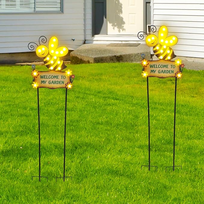 Large Yard Stakes 44.8" with Welcome to My Garden Sign, Solar Garden Lights Outdoor for Summer Decorations, Waterproof Metal Bee Decorative Yard Stakes