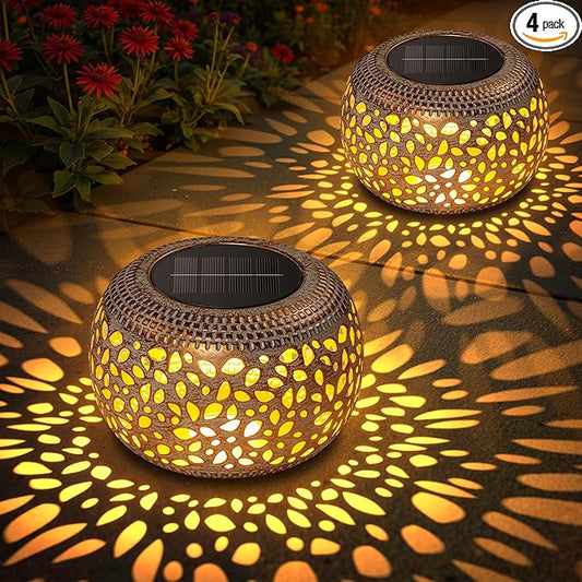 Solar Lanterns Outdoor Waterproof, 4 Pack Flower Petal Solar Garden Lights with 2 Lighting Colors, Vintage Metal Outdoor Patio Garden Decor - Unique Gifts for Women Mom Sisters Birthday