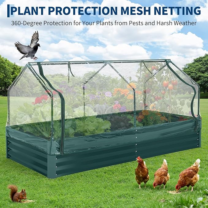 Galvanized Raised Garden Bed Kit with Cover Heavy-Duty Modular Metal Planter Raised Beds for Vegetables with Tool-Assisted Simple Assembly, Reinforced Panels & Optimal Drainage
