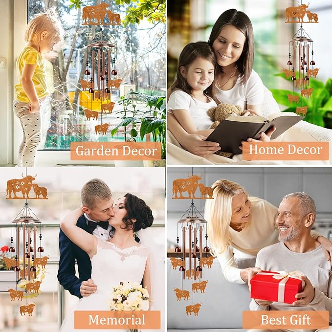 Highland Cow Wind Chimes for Outside - Luvsweets Highland Cow Gifts for Women Men, Mom Grandma Birthday Mother's Day, Memorial Wind Chimes for OutdoorGarden Patio Yard Porch Decor