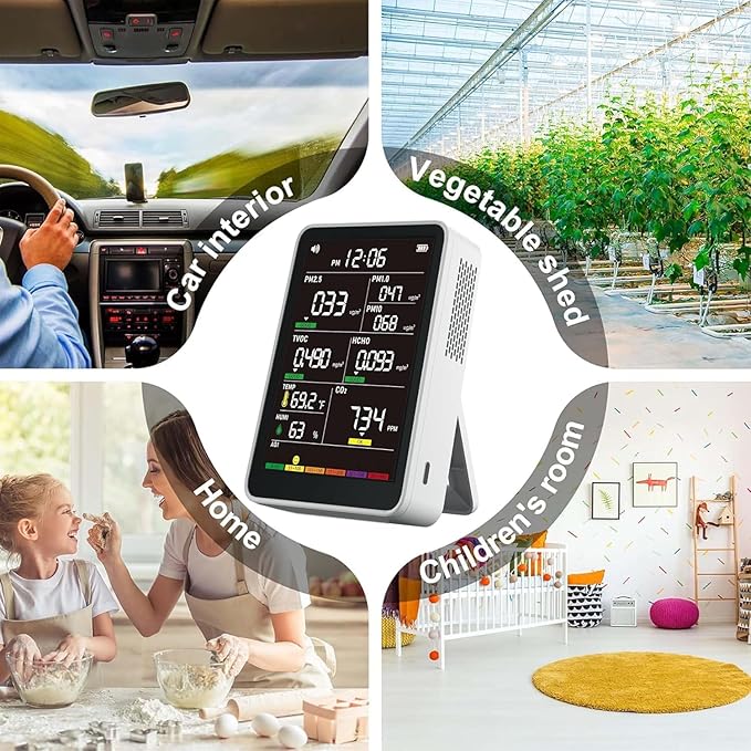 Professional Indoor Air Quality Monitor with AQI, Portable Real-Time Detector for Home Cars Plants and Pets (White)
