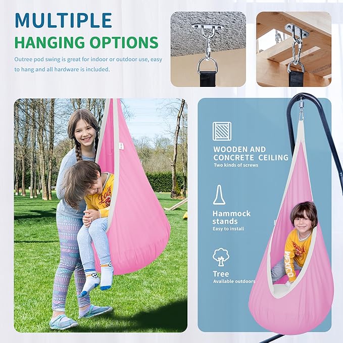 OUTREE Kids Pod Swing Seat, Cotton Child Hammock Swing Chair,Sensory Swing for Indoor and Outdoor Use, Pink