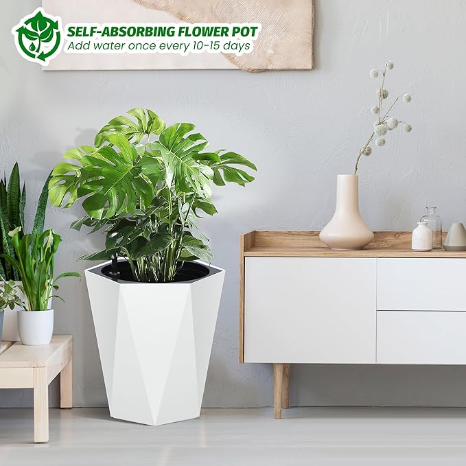 Set of 2 Tall Planters for Outdoor Plants, 16" Large Planter Pots with Drainage Holes & Water Level Monitor, Self-Watering Flower Pots for Patio, Porch, Garden, Front Door Decor, Indoor Outdoor