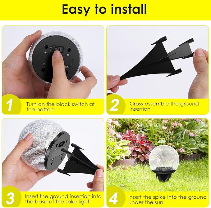 Solar Garden Lights, 4 Pack 120 LED Multicolor Cracked Glass Solar Outdoor Lights Decorative, Upgraded Waterproof Ball Lights for Yard Pathway Patio Lawn Christmas Outside Decor, 3.94"