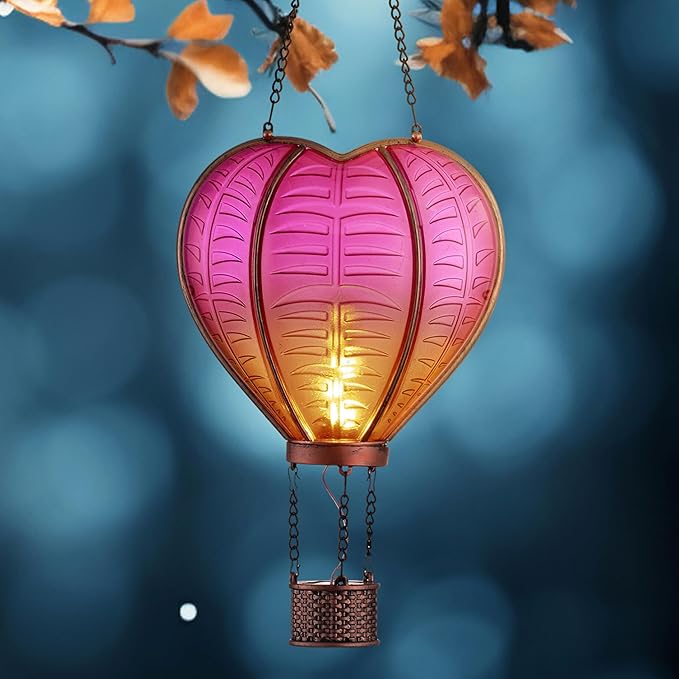 TERESA'S Collections Hot Air Balloon Solar Lantern for Garden , Flickering Flame Hanging Solar Lights,Heart Shape Lantern for Anniversary Wedding Decor