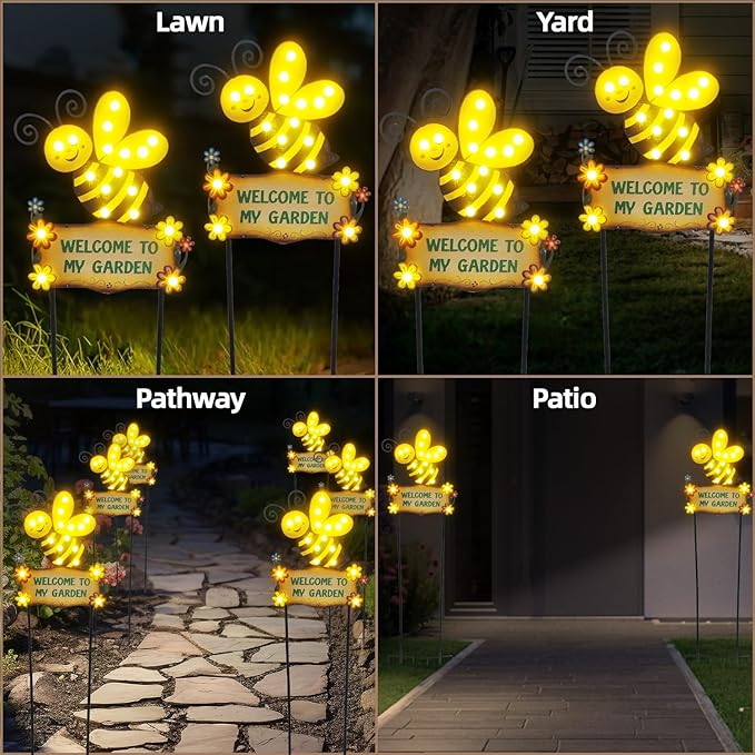 Large Yard Stakes 44.8" with Welcome to My Garden Sign, Solar Garden Lights Outdoor for Summer Decorations, Waterproof Metal Bee Decorative Yard Stakes