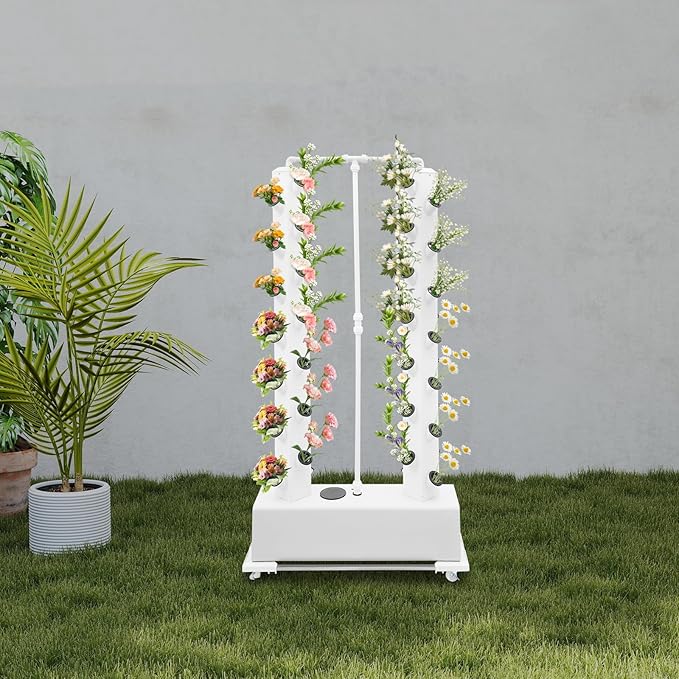 56-Plant Hydroponic Growing System Indoor Outdoor, Garden Vertical Planter Germination Kit with Pump & Wheels, Hydroponics Growing Tower, Smart Vertical Hydroponic Garden Tower, White Base