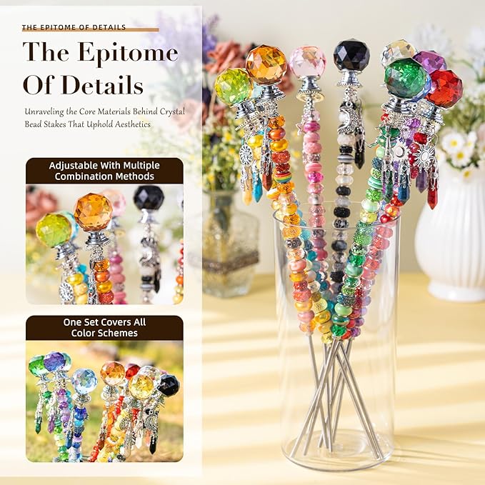 260 Pcs DIY Beaded Garden Stakes, Fairy Wand 10-Pack Garden Decorative Kit with Healing Crystal Pendant, 12in Threaded Rods, Crystal Diamond Tops, for Spring Garden Outdoor&Indoor Decorations