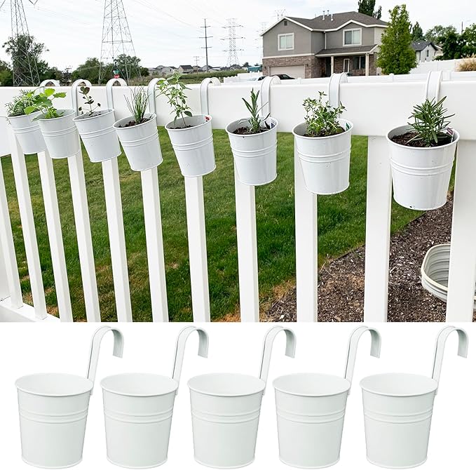 20 Pack 4 Inch Railing Hanging Planter, White Small Hanging Bucket Planters, Metal Hanging Flower Pots, Metal Railing Bucket for Outdoor, Balcony, Fence, and Porch with Detachable Handles