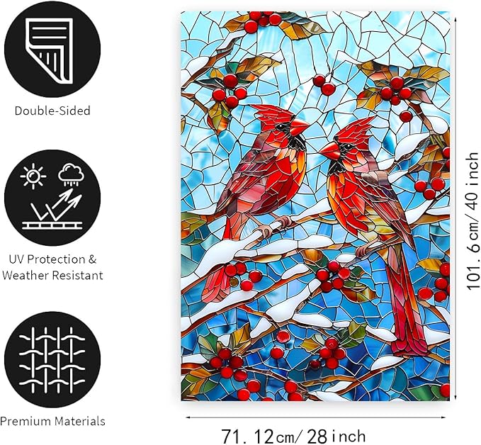 Winter Cardinal Bird Garden Flag for Outside 28x40 Stained Glass Red Birds on Snow Pine Tree Flag Christmas House Flags Large Outdoor Welcome New Years Yard Flag Double Sided