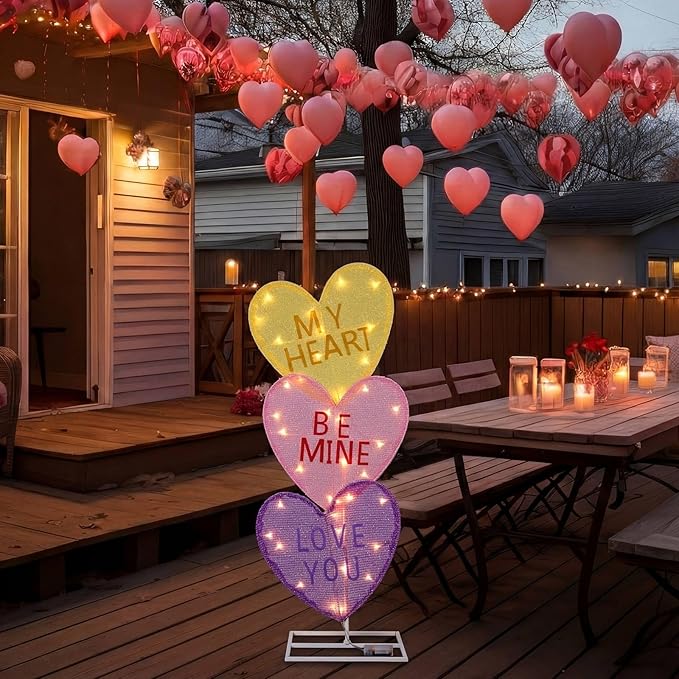 VIHOSE Valentine's Day Heart Lights 41 Inch H Pre-lit Lighted Heart Decor with 50 Warm White Lights Valentine's Day Conversation Candy Hearts Decoration for Indoor Outdoor Porch Garden Lawn (Vivid)