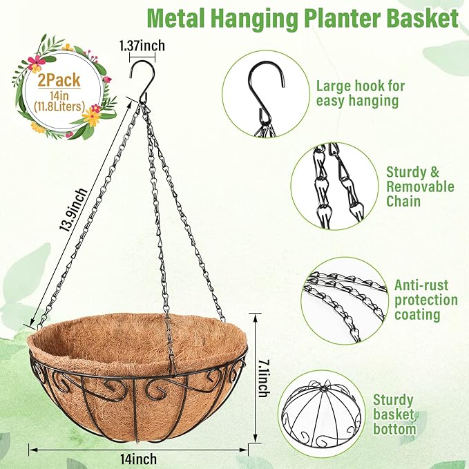 Legigo 2 Pack 14 Inch Hanging Baskets Planters for Outdoor Plants- Metal Round Hanging Baskets with Coconut Coir Liner, Wire Hanging Flower Pots for Outside Garden Porch Decorations