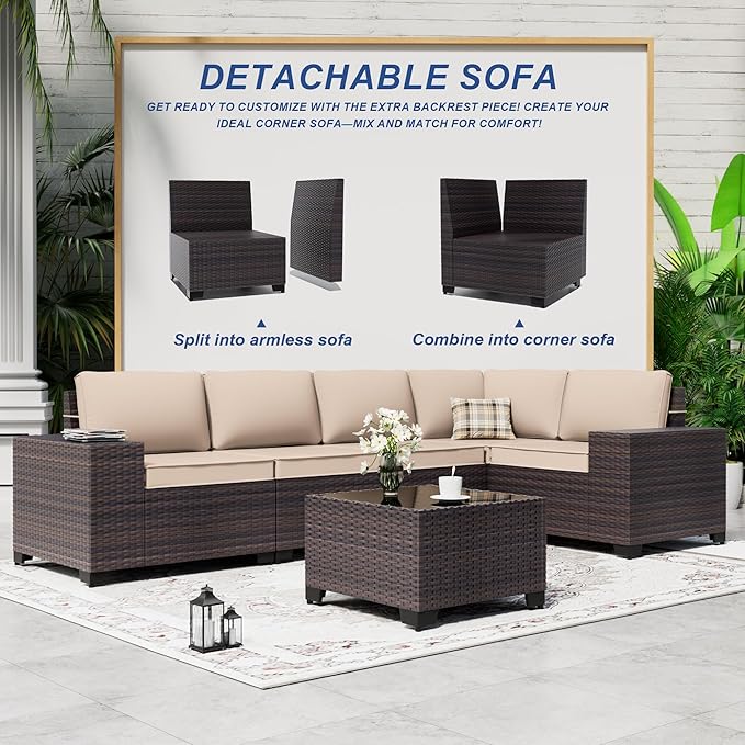 Outdoor Patio Furniture Set with Gas Fire Pit Table, 7 Pieces Patio Furniture Set Outdoor Sectional Sofa w/43in Propane Fire Pit, PE Wicker Rattan Patio Conversation Sets - Sand.