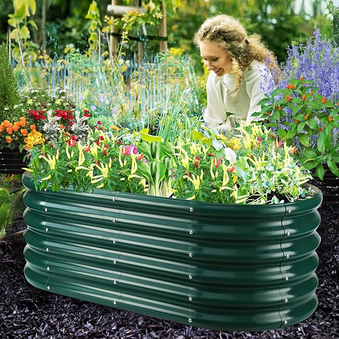 17" Tall Outdoor Garden Raised Garden Bed Kits, 4ft X 2ft Oval,0.8MM Thick Metal Raised Planter Bed/Ground Planter Box for Variety of Flowers,Herbs,Vegetables (Dark Green, 48X24X16.5 Inches)