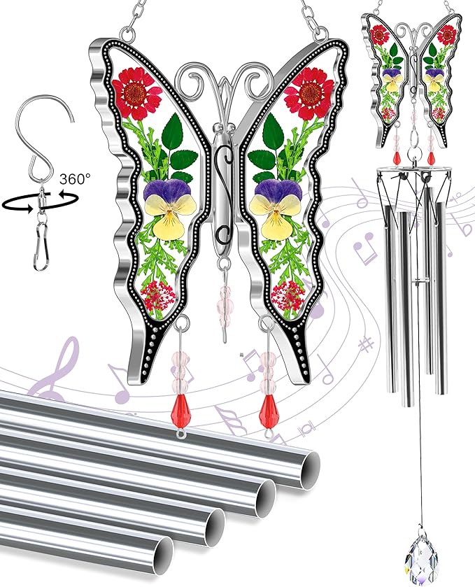 KY&BOSAM Butterfly Wind Chime for Outside with Crystal Sympathy Wind Spinner Wind Chimes Memory Memorial Wind Chime for Loss of Loved One Mother Father Condolence Gift Home Outdoor Garden Patio Decor