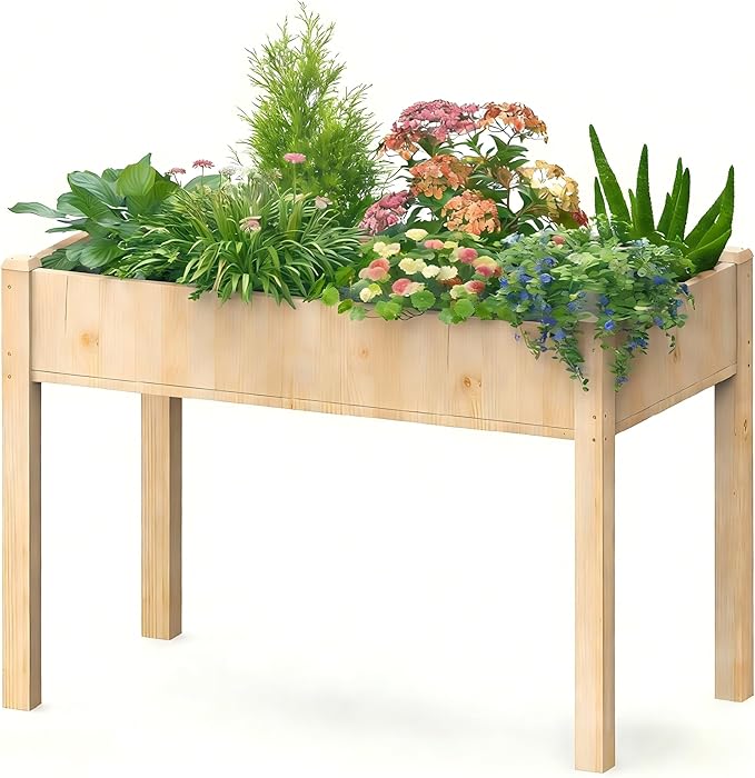DUMOS Raised Garden Bed with Legs, 48x24x30in Wood Elevated Planter Box w/Bed Liner for Herbs Flowers Vegetables, 300lbs Capacity Outdoor Gardening Planters for Patio Balcony Backyard, Soft Wood