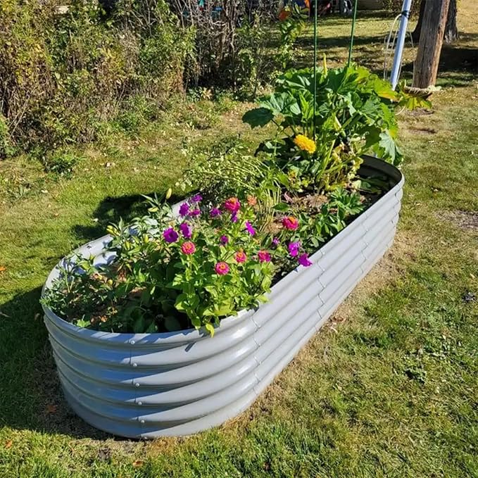 2 Packs 8x3x1.5FT Galvanized Raised Garden Bed Kit Oval Metal Ground Planter Box Outdoor Bottomless Planter Raised Beds for Vegetables Flowers Herbs Fruits, Gray