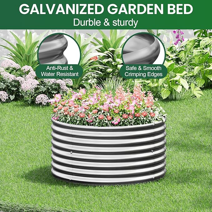 5 Pack Round Galvanized Raised Garden Bed Outdoor, Metal Garden Bed for Vegetables, Above Ground Garden Box for Flower, Steel Raised Beds for Gardening - 3FT