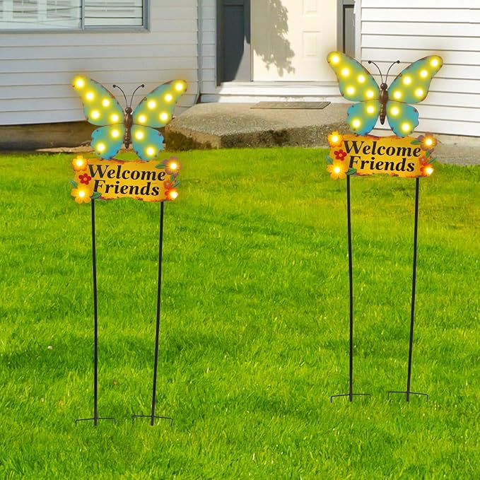 Decorative Garden Stakes Large 45" with 18 Bulbs Solar String Lights Outdoor Waterproof, Butterfly Solar Lights for Outside with Welcome Friends Garden Sign for Yard, Patio, Pathway