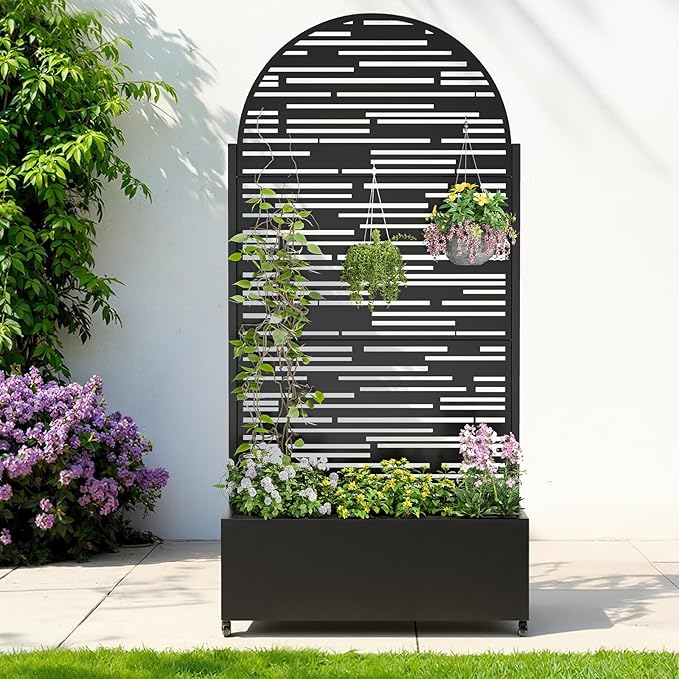 Metal Planter with Trellis& Wheels 72" x 35"x 15.7" Raised Garden Bed with Trellis,Privacy Planters for Patio,Garden Bed for Climbing Plants,Suitable for Climbing Plants and Vegetables,Black