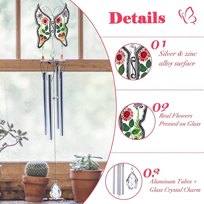 KY&BOSAM Big Butterfly Wind Chime with Crystal Sympathy Wind Spinner Memorial Wind Chime for Loss of Loved One Prime Bereavement Sympathy Memorial Gift for Loss of Mother Father Gift Home Garden Decor