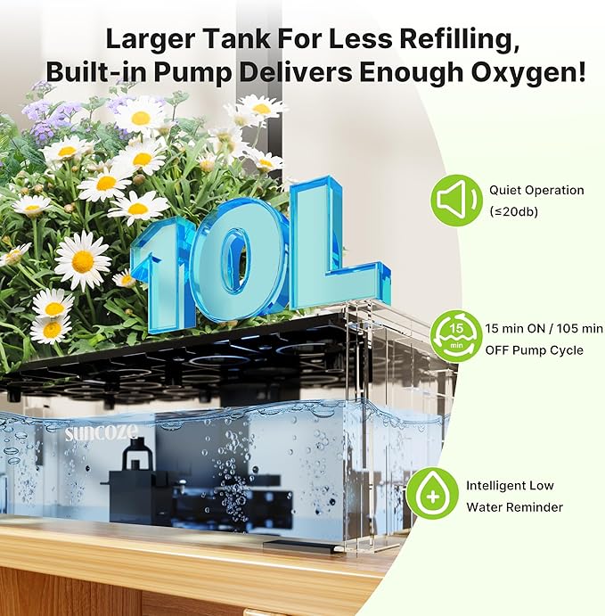 SUNCOZE 20 Pods Hydroponics Growing System Kit, Indoor Herb Garden with Grow Light 30W, 10L Large Water Tank with Adjustable Height to 25", Quiet Pump, Gardening Gifts, Green