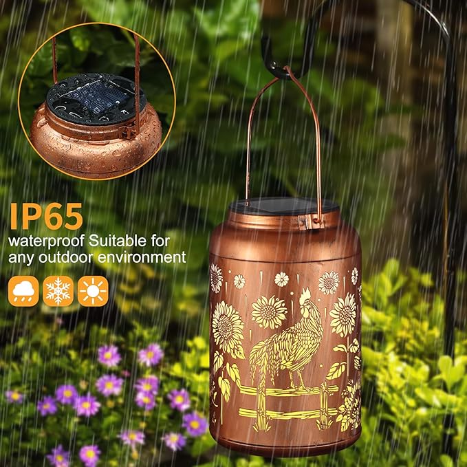 Solar Lanterns Outdoor Waterproof Hummingbird Garden Decor Gifts for Women Mom Grandma Hanging Lights Metal Decoration Outside for Yard, Patio,Backyard,Porch(Rooster)