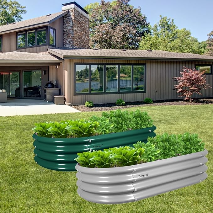 8 Pack 4x2x1FT Galvanized Raised Garden Bed Kit Oval Metal Ground Planter Box Outdoor Bottomless Planter Raised Beds for Vegetables Flowers Herbs Fruits, Green