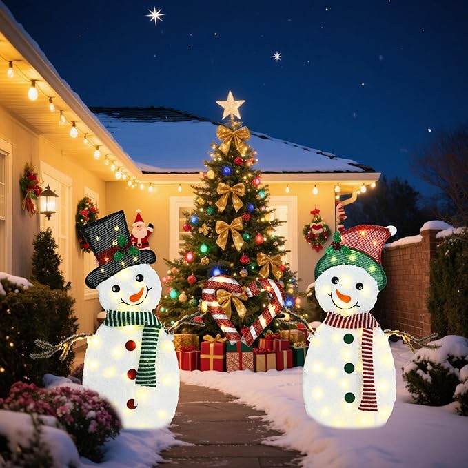 32" H Snowman Lighgts Outdoor Christmas Decorations, 2D Pre-lit Cute Holiday Lawn Lights Decors, 80 Warm White LEDs, Flat Xmas Yard Decor, Perfect for Garden, Driveway, 2-Piece Set