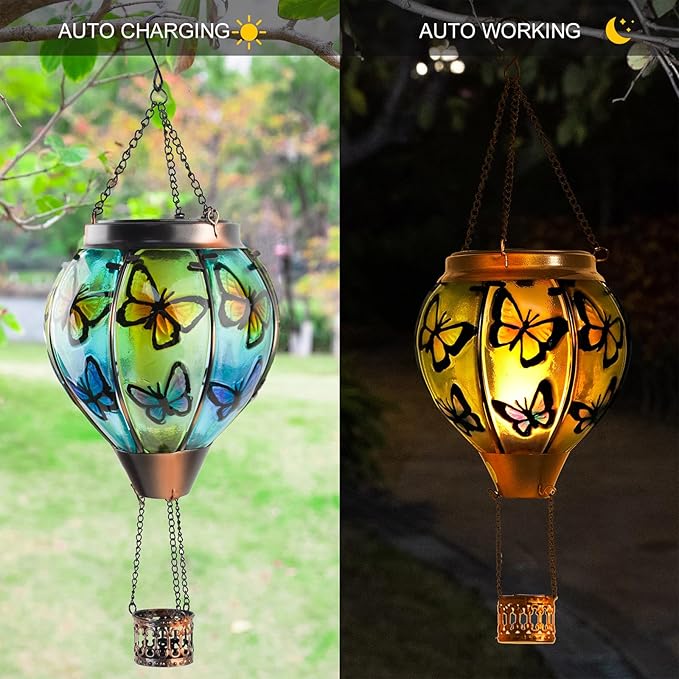 Larekook Butterfly Solar Hot Air Balloon Lantern with Flickering Flame,Glass Hot Air Balloon Solar Lanterns Outdoor Waterproof Hanging Light for Patio Porch Yard Garden Decor,Birthday Gifts for Women