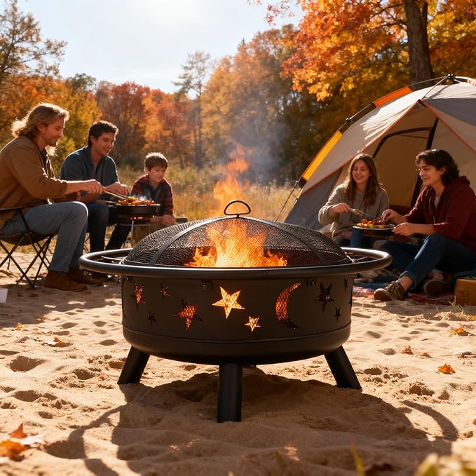 32" Round Wood Burning Fire Pit with Mesh Cover, Fire Poker, Star & Moon Cutouts, Metal Outdoor Firepit for Patio, Backyard, Garden, Bonfire, Camping, Christmas, Thanksgiving, Halloween