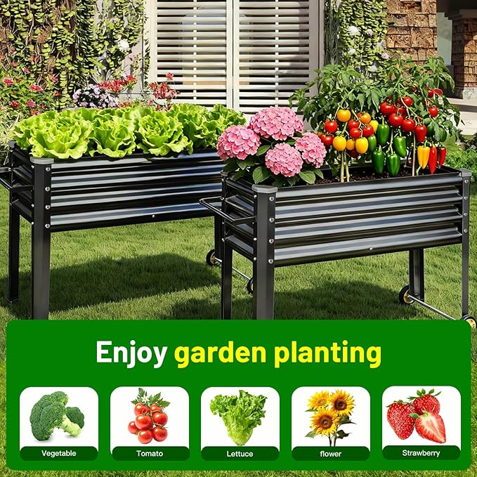 Land Guard 2 Pack Galvanized Raised Garden Bed with Legs & Wheels, 48×18×32in Metal Elevated Raised Planter Box for Backyard, Patio, Balcony, 500lb Capacity, Dark Grey