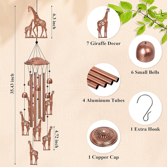 YHmall Giraffe Wind Chimes for Outside, 35" Giraffe Gifts for Women Mom Men Metal Windchimes Outdoors Hanging Lights for Yard Patio Garden Decor