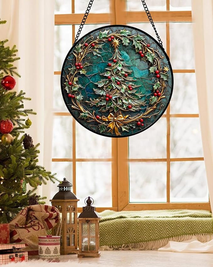 Stained Glass Window Hangings - Red Gold Green Wreath Suncatcher for Door Home Christmas Tree Decoration Sun Catcher Thanksgiving New Year Birthday Gift for Women Men Mom Grandma 15 in