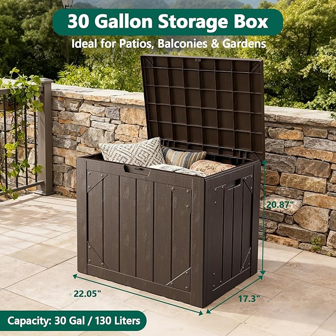 MAKE CHANGES Outdoor Storage Box,30 Gallon Deck Box Outdoor Storage Bench Outside Waterproof Resin Storage Bench, Lockable Patio Cushions, Garden Tools Storage For Furniture, UV Resistant