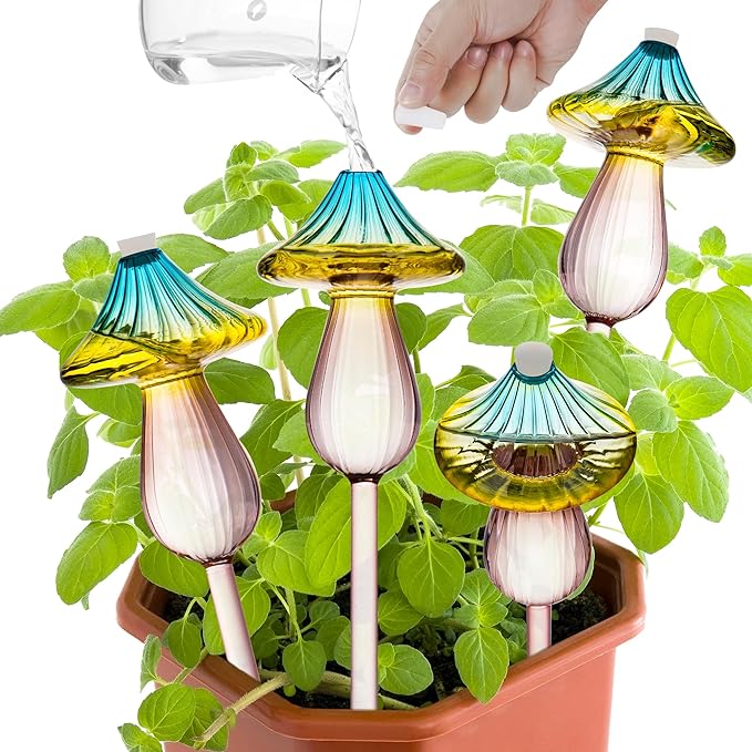 Plant Watering Globes, Rainbow Gradient Color Mushroom Plant Watering Devices, Self Watering Globes,Self Watering Planter Insert - Watering Bulbs for Indoor Plants for Travel Vacation (4 PCS)