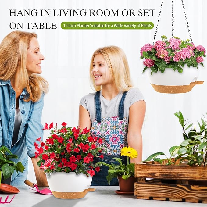 12 Inch Hanging Baskets 2 PC with Chains, Self-Watering Hanging Planters for Indoor Outdoor Plants, Plastic Hanging Flower Pots,White Brown