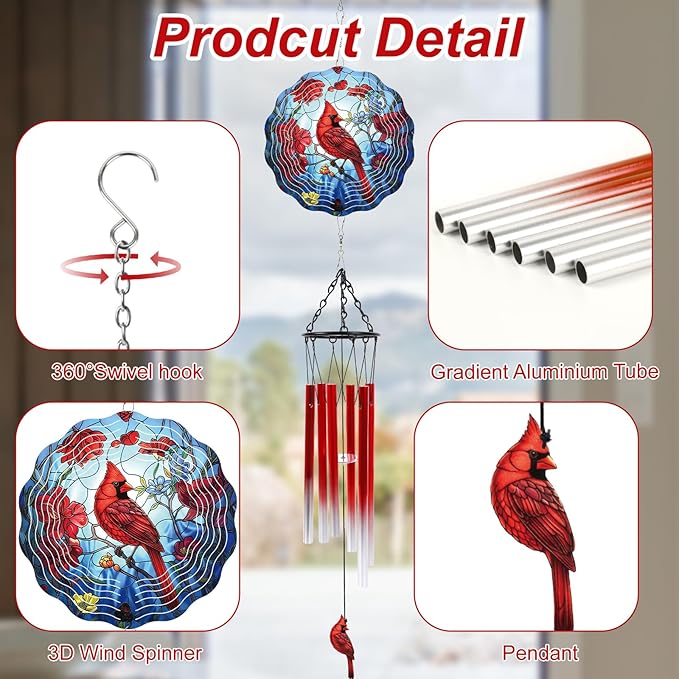 Cardinal Wind Chimes with Wind Spinner Gifts for Women, Cardinal Hanging Wind Spinners Outdoor Gifts for Mom Grandma, Windchimes Outdoor Xmas Decor for Yard Garden Christmas