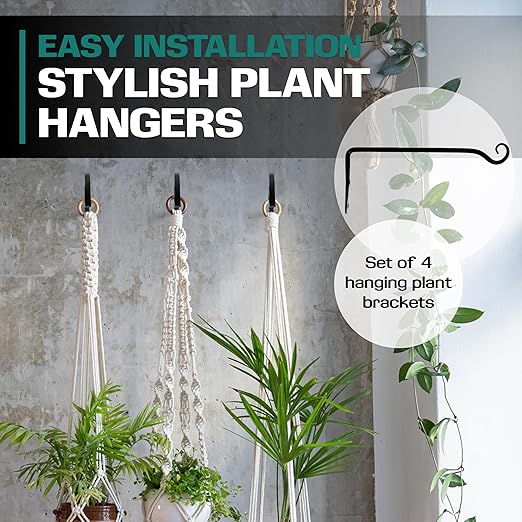 2WAYZ Plant Hanger Bracket for Outdoor - Heavy Duty Hanging Plant Hooks - Forged Wrought Iron Flower Pot Hangers - Black Hanging Hooks for Bird Feeders, Planters, Lanterns - Set of 4