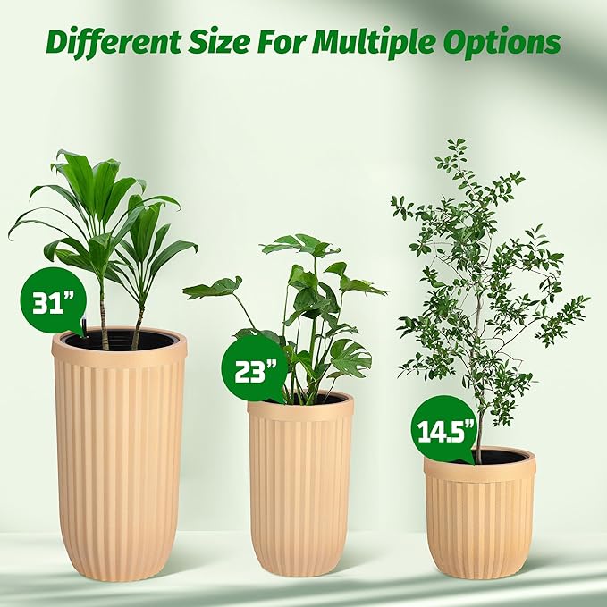 23" Tall Planters Set of 2, Large Indoor & Outdoor Self-Watering Flower Pots with Drainage, Water Level Monitor & Wheels, Planters for Patio, Porch, Living Room, Home Office