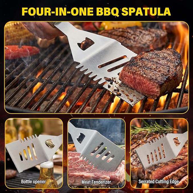 Yekale BBQ Grill Accessories Set, Grill Tools Grilling Accessories Grilling Gifts for Men - Spatula, Fork, Brush, Tongs & Cleaning Brush - Outdoor Barbecue Utensils Gifts for Men Dad Him (Wood)