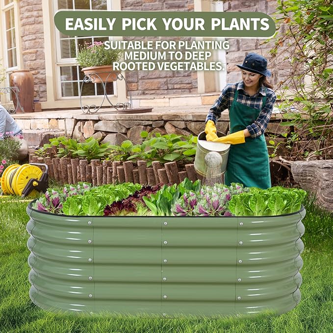 Permade Galvanized Raised Garden Bed - 4x2x1.4FT Metal Planter Boxes Outdoor | Oval Steel Raised Bed Kit for Gardening with Protective Tape, Gloves for Vegetables, Flower, Herb (Green)
