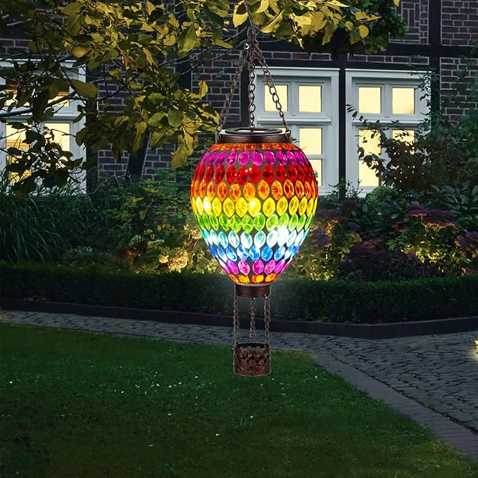 VOREEN Hot Air Balloon Solar Lantern, Handmade Mosaic Solar Outdoor Hanging Wind Light, Waterproof, Patio Festive Decor, Gift for Mom Wife Friend, Rainbow Pattern
